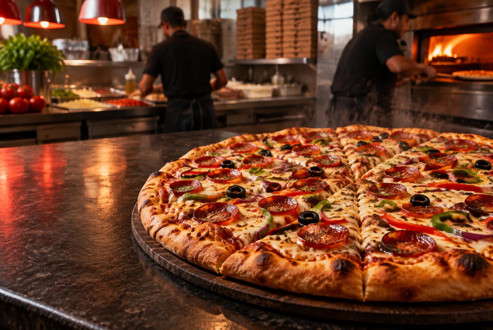 Pizza grande recém-saída do forno em uma operação profissional